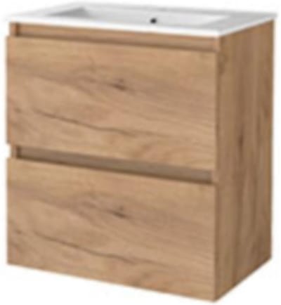 Basic-Line Start 39 Badkamermeubelset - Ondiep - 60 x 39 cm - Greeploos - 2 Lades - Keramische Wastafel - 1 Kraangat - Whisky Oak
