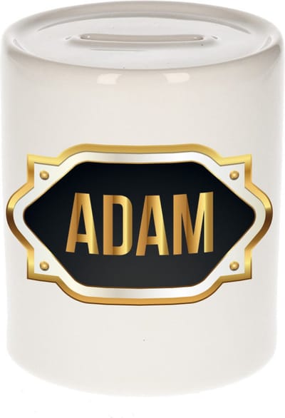 Spaarpot met voornaam Adam - wit - met goud/zwart embleem - 8 x 9 cm - keramiek - met afsluitdop - cadeau verjaardag