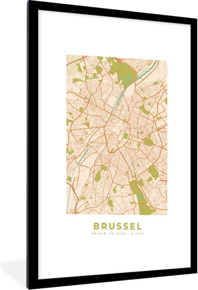 Fotolijst incl. Poster - Brussel - Stadskaart - Plattegrond - Kaart - Vintage - 60x90 cm - Posterlijst