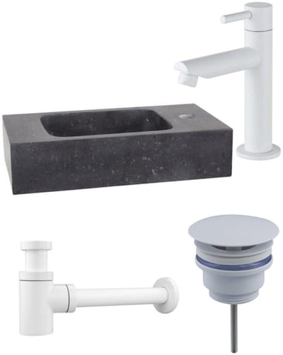Fortifura Fuente fonteinset – rechthoekig – 40x22x9 cm – natuursteen zwart – mat witte kraan