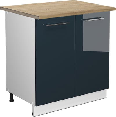Vicco Keukenonderkast Fame-Line, Donkerblauw hoogglans/Wit, 80 cm goudkleurig eiken werkblad