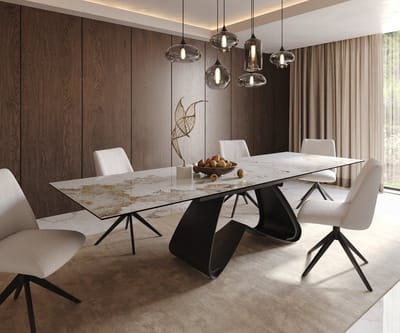 Eetkamertafel Edge keramiek Minas Melange wit-beige 200-300x100 W-frame zwart uitschuifbaar