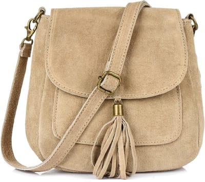Taupe Suède Schoudertas Tassle - Taupe - Suède - Italiaans Leder - Boho Schoudertassen
