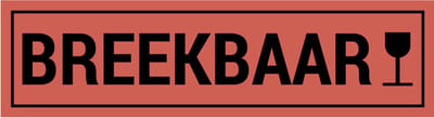 Breekbaar sticker met glas, oranje zwart 200 x 50 mm