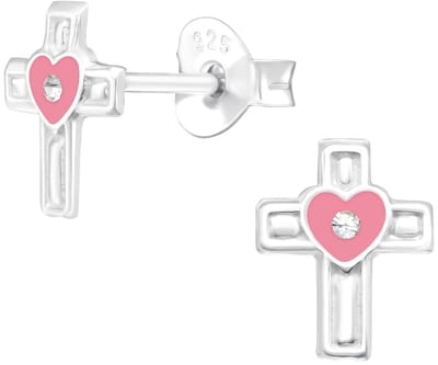 Joy|S - Zilveren kruisje oorbellen met roze hartje - 6 x 8 mm - kristal - kinderoorbellen