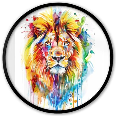 Poster in lijst Rond - Fotolijst 40x40 cm - Posters - Leeuw - Verf - Kleurrijk - Wit - Dier - Ronde posterlijst zwart - Decoratie - Wanddecoratie woonkamer - Muurdecoratie slaapkamer