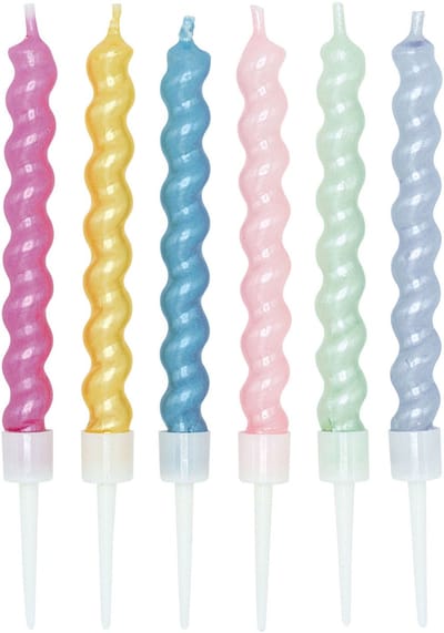 Taartkaarsen 8cm Spiraalvormig met Houders Parelmoer Kleuren - 6st.