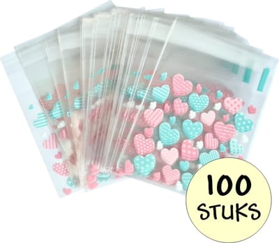 100x Cellofaan Hartjes Zakjes 7x7 cm - 100 Stuks Uitdeelzakjes - Cellofaan Plastic Traktatie Kado Zakjes - Snoepzakjes - Hartjes Roze/Groen - 7x7 cm