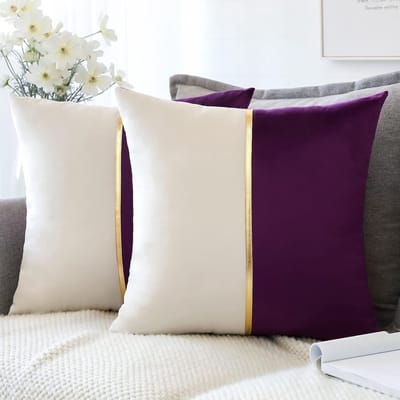 Set van 2 fluwelen kussenslopen voor bank, auto, slaapkamer, luxe moderne minimalistische gouden lederen naden, sierkussen, kussenhoes, kussensloop, kussensloop, 45 x 45 cm (paars en wit)