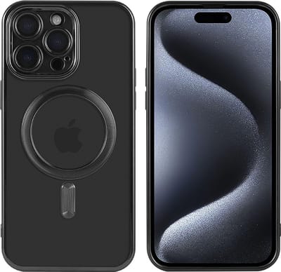 Hoesje Geschikt voor iPhone 15 Pro Max Magsafe hoes - Lens beschermer – backcover – Transparant / Zwart