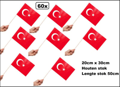 60x Luxe Zwaaivlaggetjes op stok Turkije 20cm x 30cm - lengte stok 50cm - Zwaai vlaggetjes thema feest voetbal festival uitdeel