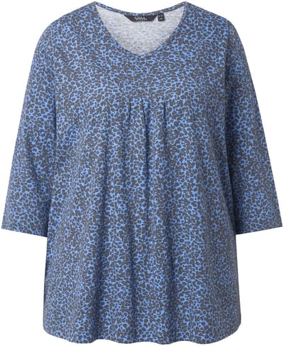 Ulla Popken - Dames - Shirt sierplooien A-lijn V-hals 3/4-mouw - Marine - Maat 46+