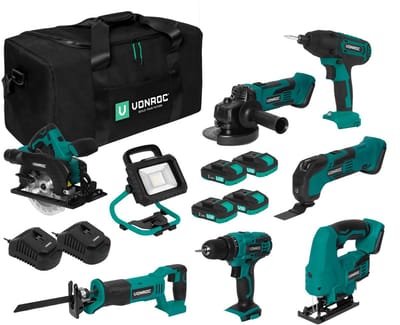 VONROC Gereedschapsset VPower 20V – Accuboormachine, Decoupeerzaag, Oscillerende Multitool, Haakse Slijper, Cirkelzaag, Slagschroevendraaier, Reciprozaag, LED-Werkverlichting, 4x 2.0Ah accu en 2x Snellader