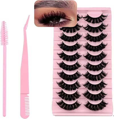 Fluffy 20mm D Curl 8D Volume Wimpers Multipack met 10 Paar, Inclusief Wimperpincet en Roze Mascara Wandjes voor een Dramatische Look