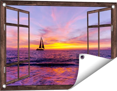 Gards Tuinposter Doorkijk Zeilboot Silhouet bij Zonsondergang - 60x40 cm - Tuindoek - Tuindecoratie - Wanddecoratie buiten - Tuinschilderij