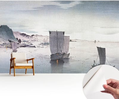 Wallfluent Zelfklevend Behang - Maritiem landschap Zelfklevend fotobehang - 416x254 cm - Grijs Zelfklevend Behang - Peel-and-stick techniek - Voor de woonkamer, voor het kantoor, voor de slaapkamer Zelfklevend Behang