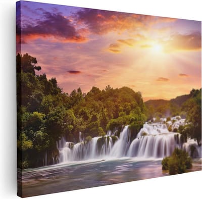 Artaza Canvas Schilderij Zonsondergang - 40x30 cm - Klein - Wanddecoratie Waterval - Muurdecoratie Landschap - Kamer Accessoires Bos