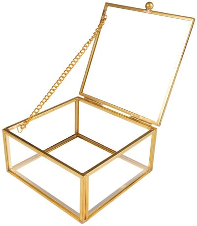 Sieradendoos van glas, gouden vintage glazen doos, 10 x 10 x 5 cm | glazen sieradendoos met deksel, transparant, voor sieraden, oorbellen, ringen, voor Moederdag en bruiloft, verjaardag
