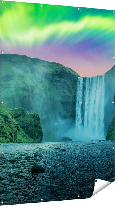 Gards Tuinposter Waterval met het Groene Noorderlicht - 120x180 cm - Tuindoek - Tuindecoratie - Wanddecoratie buiten - Tuinschilderij