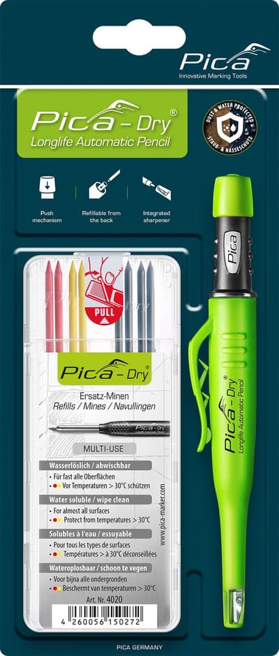 Pica Marker Dry Longlife 3030 Timmermanspotlood + vulling 4020 met 8 vullingen grafiet, rood en geel