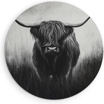 Saammp - Muurcirkel Hout - Schotse Hooglander Koe - Zwart-Wit - Dieren - Natuur - Ø 90 - Wandcirkel - Wanddecoratie Cirkel - muurdecoratie Woonkamer - Slaapkamer decoratie - Rond Schilderij