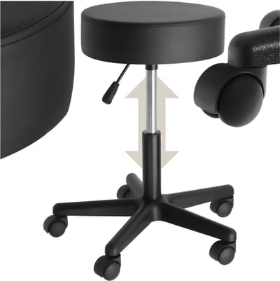 tectake® Rolkruk - Werkkruk, praktijkkruk, oefenkruk - 360° draaibaar met dikke gevoerde zitting- In hoogte verstelbaar 48-63cm - Kunstlederen bekleding - Comfortabel en duurzaam - Zwart