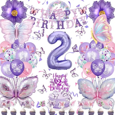 Vlinderverjaardagsdecoraties voor meisjes van 2 jaar, XXL roze-paarse vlinderverjaardagsballon, kinderballon, taartmuurdecoraties en banner, cadeaus kinderfeestjes (feestpakket meisjes van 2 jaar)