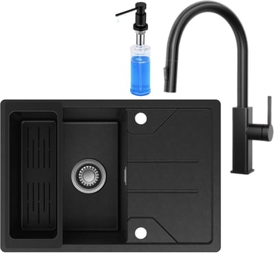 CECIPA max Spoelbak Keuken 65x45cm - Graniet Spoelbakken Met Uittrekbare Uitloop Keukenkraan en Zeepdispenser 300ML - Multifunctionele Spoelbak Met Planchet en Afvoermand - Met waterafvoersysteem - Voor 45 cm kast - Zwart