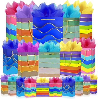 Geschenkzakjes Set - Cadeautasjes Papier - Feestelijke Cadeaus Inpakken - Met Handvat en Tissue - 20 Stuks - Multicolor