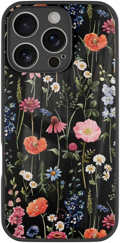 Hoesje geschikt voor iPhone 16 Pro - Dark flowers - Luxe Glazen Hardcase - Bloemen - Multi - Leuke Telefoonhoesjes
