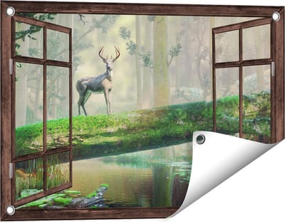 Gards Tuinposter Doorkijk Hert in het Bos op een Boom - 60x40 cm - Tuindoek - Tuindecoratie - Wanddecoratie buiten - Tuinschilderij