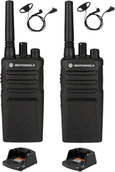 Set van 2 Motorola XT420 UHF IP55 PMR446 met laders en D-shape oortje M1 2-Pins