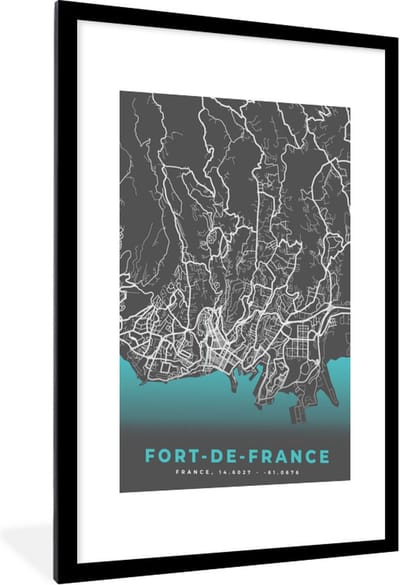 Fotolijst incl. Poster - Kaart – Stadskaart – Frankrijk - Fort-de-France - Plattegrond - 60x90 cm - Posterlijst