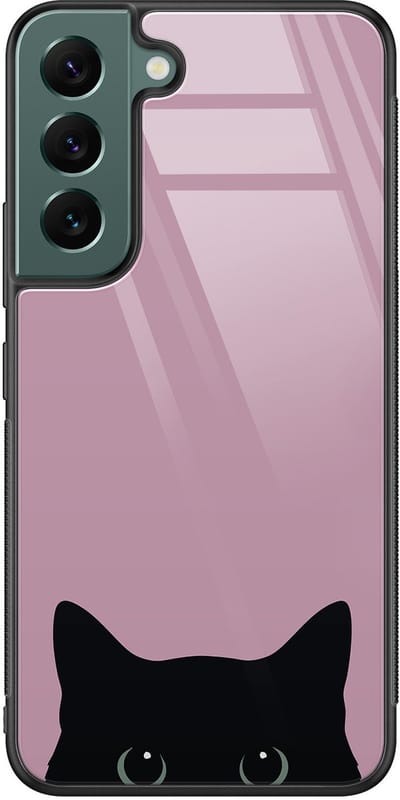 Hoesje geschikt voor Samsung Galaxy S22 - Zwarte kat - Hard Case Zwart Back Cover - Print - Zwart, Roze - Mooie Telefoonhoesjes