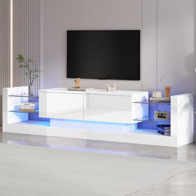 TV Kast - 181 cm Breed - Hoogglans met LED - Voor 80 Inch TV - Glazen Front - 2 Lades