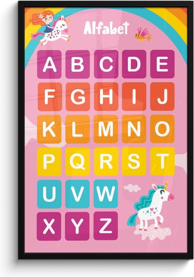 Poster in lijst - Fotolijst 60x90 cm - Posters - Alfabet - Educatief - Letters leren voor kinderen - Roze - Eenhoorn - Posterlijst zwart - Kamer decoratie - Wanddecoratie kinderkamer - Muurdecoratie babykamer