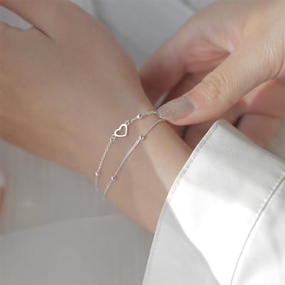 925 Sterling Zilver Dubbele Lagen Hart Bedel Armbanden & Armband Voor Vrouwen Meisjes Elegant Verjaardag Bruiloftsfeest Sl001 brown