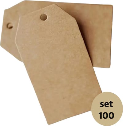 Labels - set van 100 labels bruin - 7x4 cm - stevig karton - met voorgestanst gaatje - cadeaulabels - prijslabels - kerst