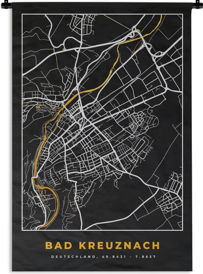 Wandkleed - Wanddoek - Duitsland – Black and Gold – Bad Kreuznach – Stadskaart – Kaart – Plattegrond - 120x180 cm - Wandtapijt