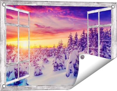 Gards Tuinposter Doorkijk Zonsondergang in het Sneeuw Bos - 60x40 cm - Tuindoek - Tuindecoratie - Wanddecoratie buiten - Tuinschilderij