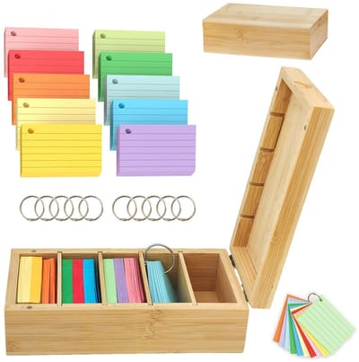 Dailygoods- Kaartenbox met klapdeksel - Bamboehouten Opbergdoos - 500 Zelfklevende Notities - 10 Bindringen - 22,4 x 10 x 7,5 cm - Lichtgewicht 800 g
