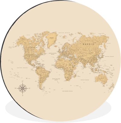 WallCircle - Wandcirkel - Muurcirkel - Wereldkaart - Realistisch - Beige - Aluminium - Dibond - 30x30 cm - Binnen en Buiten