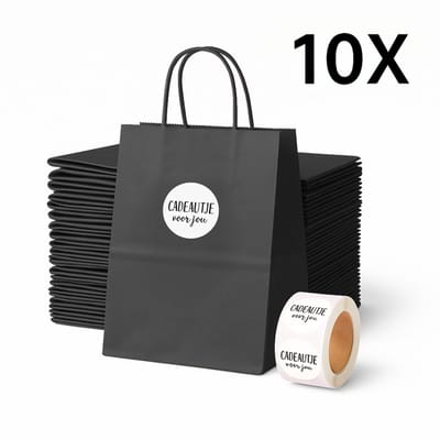 Papieren Draagtas (S) - Zwart - (Inclusief Witte Stickers “Cadeautje voor jou”) - 10 Stuks - 18x8x22 cm - Papieren Tasjes - Kraft Tas - Tassen - Cadeau Tas - Hoogwaardig Natron Kraft Papier - Eco-vriendelijk