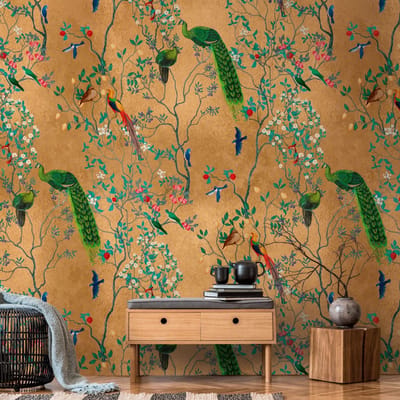 Fotobehang Profhome 398821-GU vliesbehang hardvinyl warmdruk in reliëf glad met Toile de Jouy patroon mat bruin groen blauw blauw 1,59 m x 2,8 m