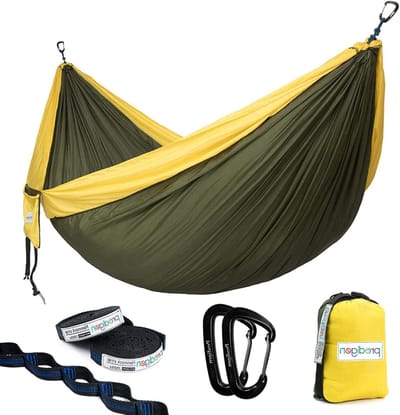 Dubbele Hangmat - Parachute stof - Buiten Ontspannen - Inclusief boomriemen - 300cm lang - Grijs Geel