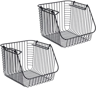 Opbergmandje - 2x - zwart - stapelbaar - 29 x 27 x 21 cm - draadmand - opbergen - opruimen - Opbergmanden/opruimmanden