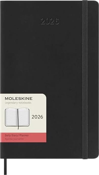 Tagesnotizkalender 2026 - L/A5, 1 Dag = 1 Pagina, Zacht Vouw, Zwart