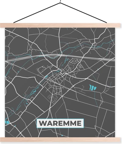 Posterhanger incl. Poster 40x40 cm - Schoolplaat - Stadskaart – Grijs - Kaart – Waremme – België – Plattegrond - Textielposter - Blanke latten - Stadskaart