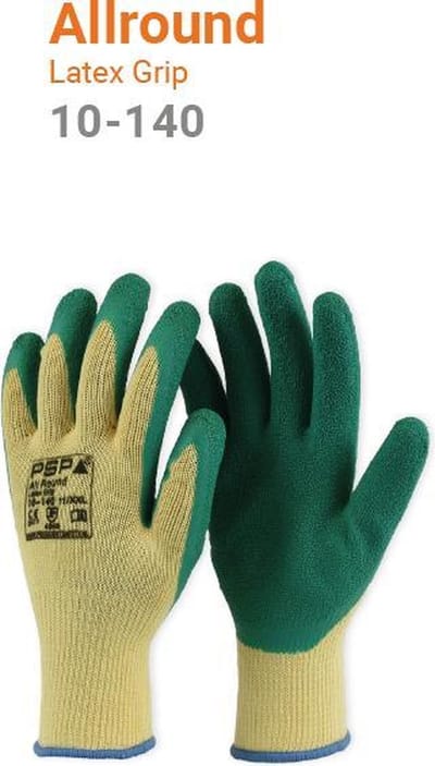 12x 12 paar - Werkhandschoenen PSP 10-140 Allround Latex, Groen/Geel (per 12 paar), maat 7