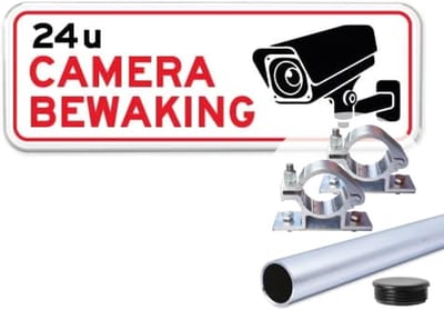 Camerabewaking bord - Weerbestendig Aluminium - 40x15 cm - Bevestiging: Met paal 120 cm + paalbeugels + paaldop